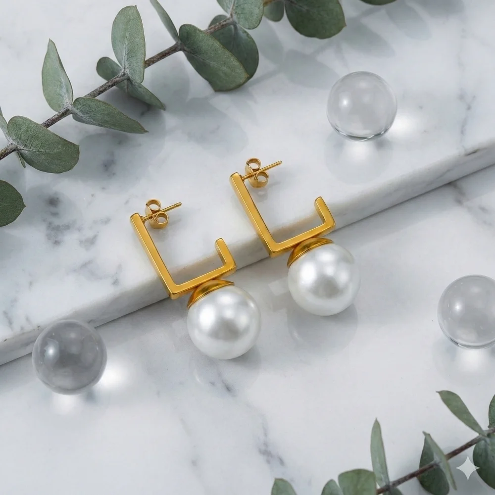 18K Gold Plated Steel Pearl Drop Earrings Geometric Rectangle C-Hoop Modern Stud